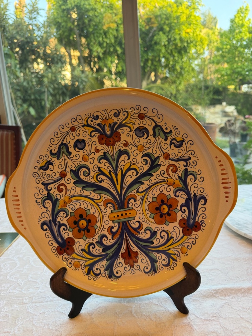 Italian Deruta Hand-Painted Floral Ceramic Serving Platter , handled cake plate